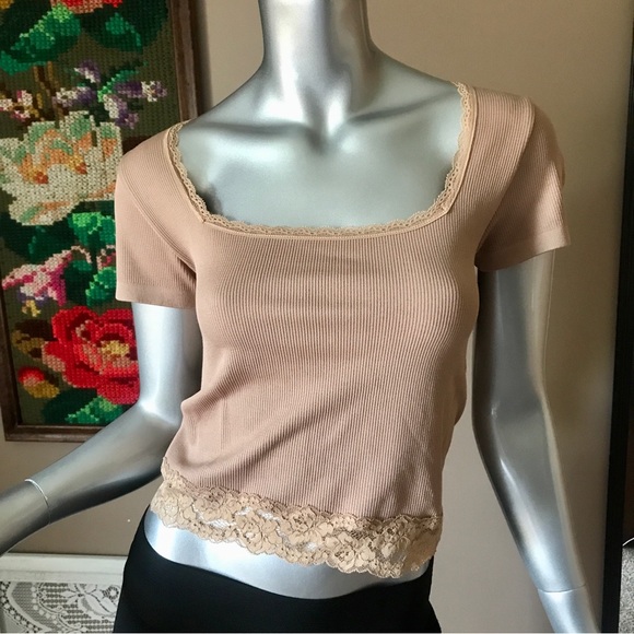 Planet Gold Ribbed Cropped Top Juniors Medium Tan Incense Square Neck Lace-Trim - Picture 2 of 10